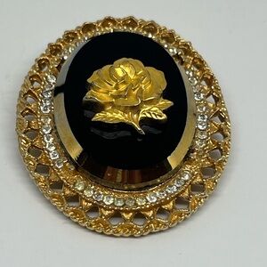 Vintage Celebrity N.Y. Rose Pendant Black Gold‎ Rhinestones Cameo Brooch
